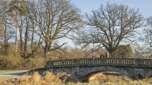 A group of three people look over the edge of a stone bridge over a small river, surrounded by frosty grass banks and leafless trees